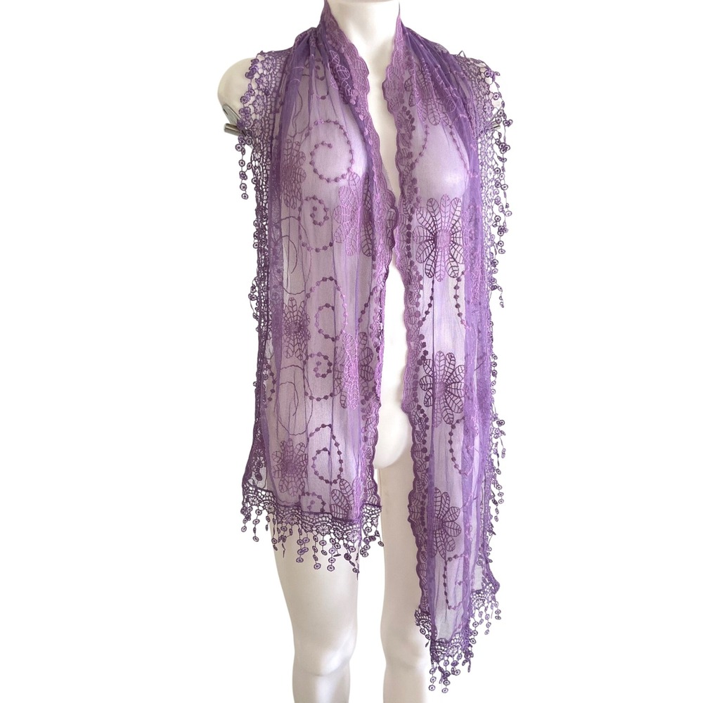 Purple Floral Embroidered Sheer Mesh Scarf with Crochet Lace Trim Scalloped Edge